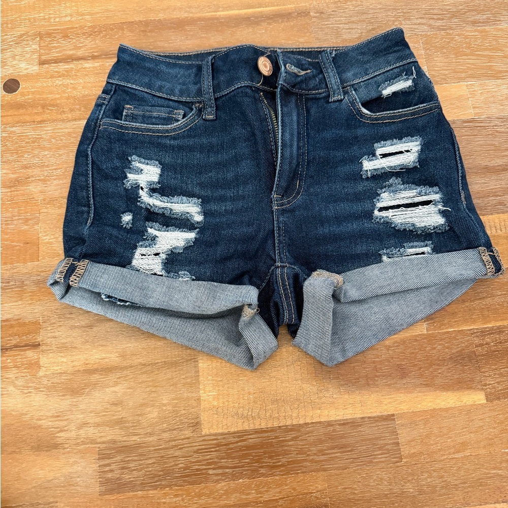 SO Dark Blue Distressed Rolled Cuff Denim Shorts